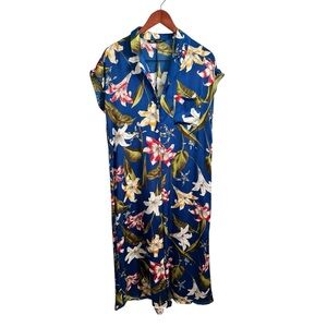 Zara Floral Blue Jumpsuit Short Sleeve Wide Leg Satiny S